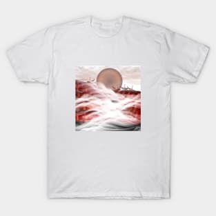 Sailing into the sunset, sunrise, sun, nature, landscape, ocean, boats, digital, summer, beach, sky, clouds, minimal, art, sea, travel, red T-Shirt